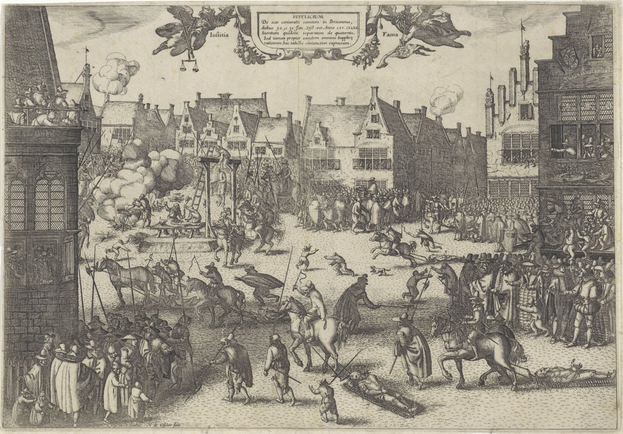 Ruutipetoksen salaliittolaisten teloitus, 1606 Supplicium de octo coniuratis sumtum Britanniassa (otsikko esineessä) tekijältä Claes Jansz. Visscher (II)