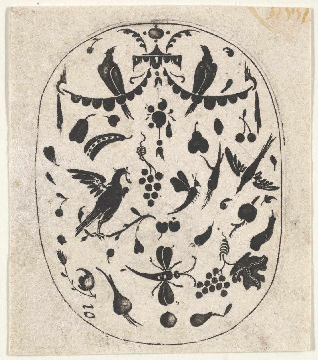 Soikea Blackwork Print lintuilla, hyönteisillä ja hedelmillä, n. 1620. tekijältä Claes Jansz Visscher