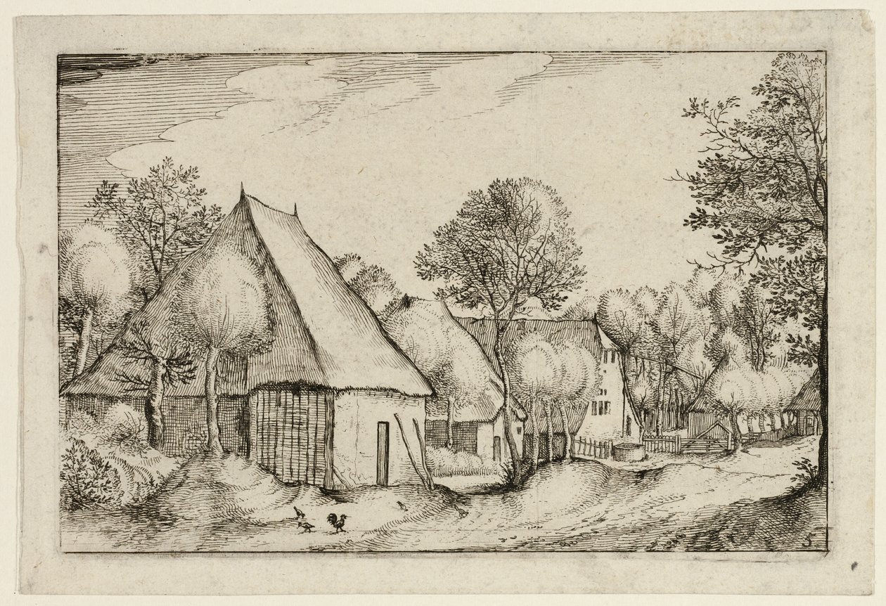 Maatilan piha, levy viisi maatilojen, maalaistalojen ja maalaiskylien kuvien (Praediorum villarum et rusticarum casularum icones) mukaan. tekijältä Claes Jansz. Visscher II