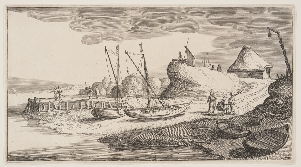 Veneet rannalla vahtitornin lähellä, maisemakuvista (Playsante Lantschappen) tekijältä Claes Jansz. Visscher II