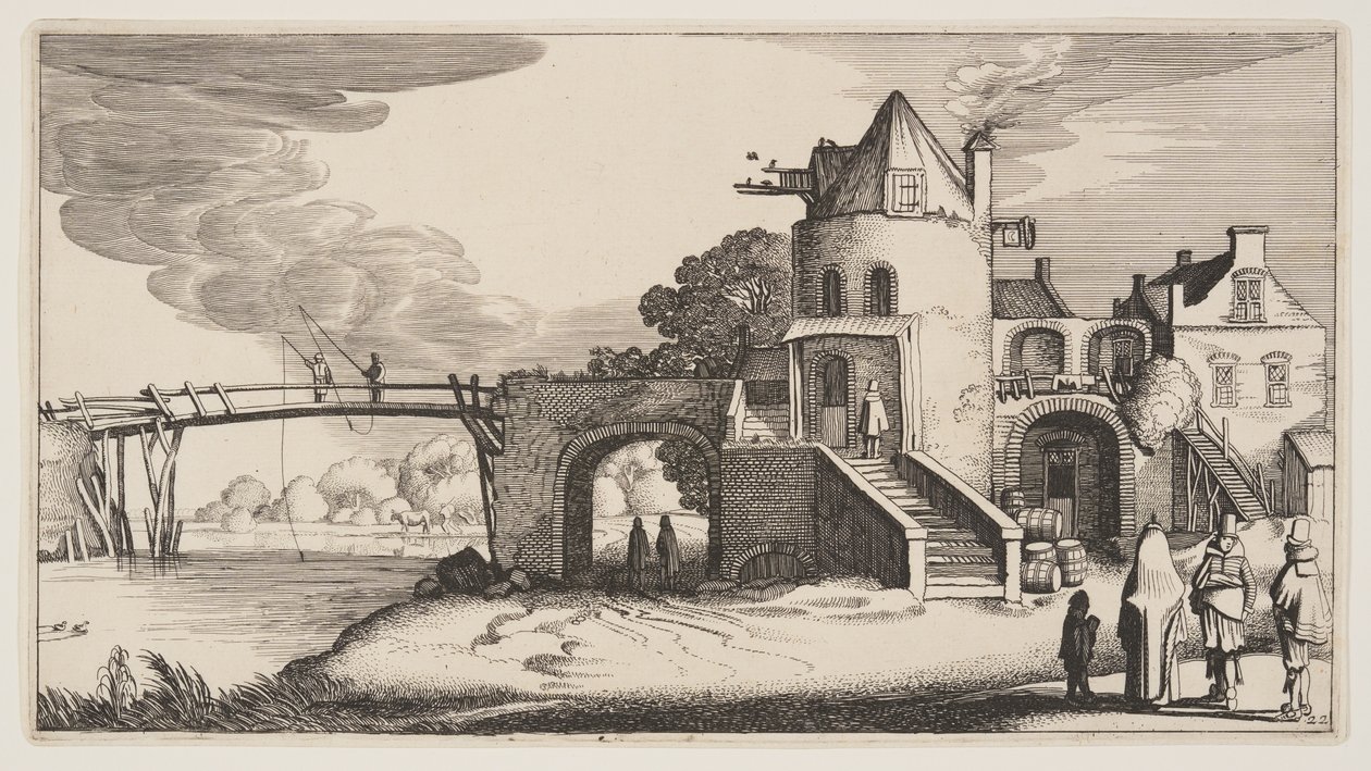Silta ja tiemaksutalo, teoksesta Landscapes (Playsante Lantschappen) tekijältä Claes Jansz. Visscher II