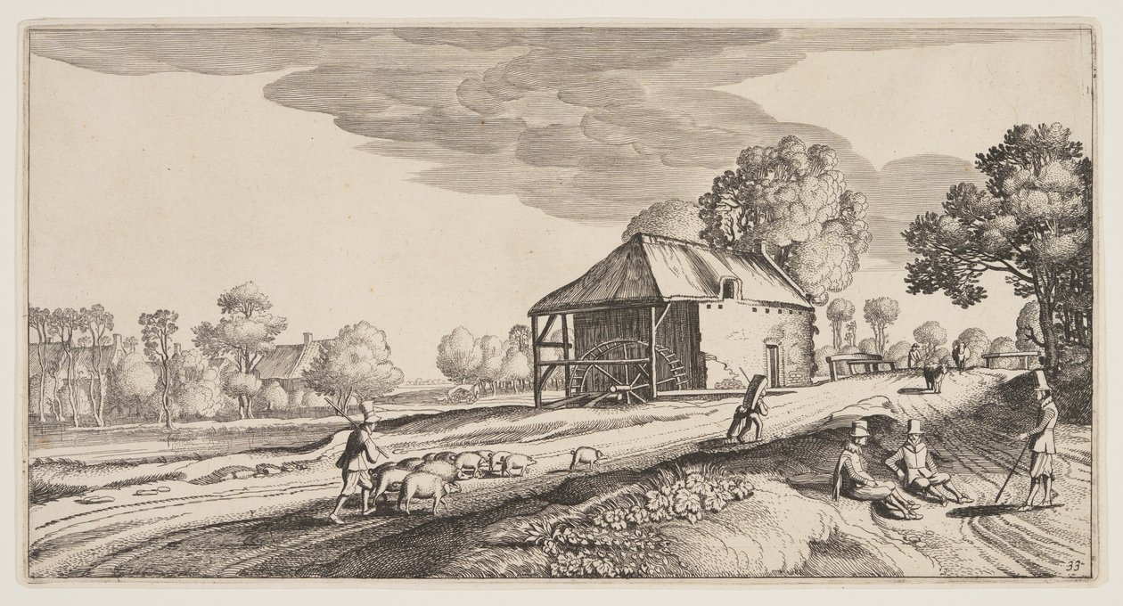 Risteys lähellä vesimyllyä, alkaen Landscapes (Playsante Lantschappen) tekijältä Claes Jansz. Visscher II