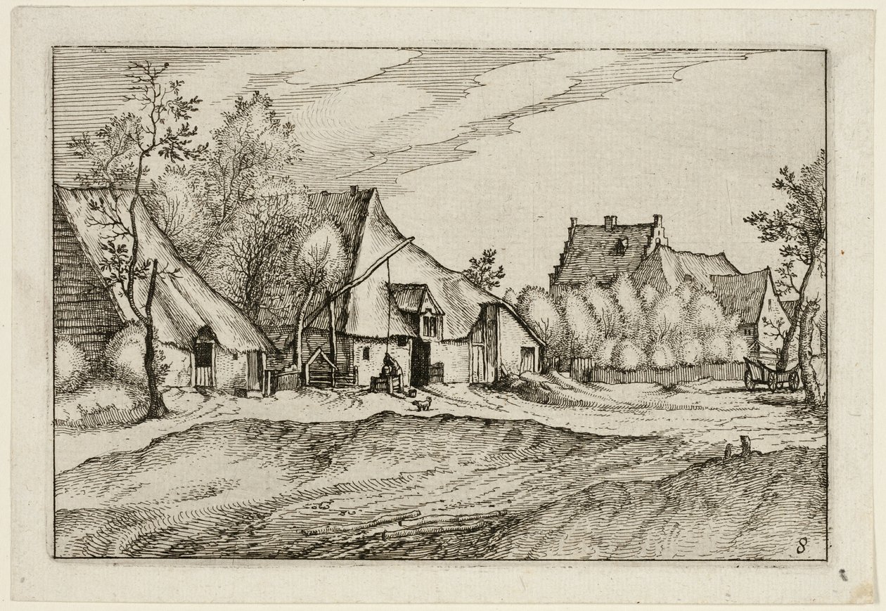 Maatiloja kylässä, levy kahdeksan jälkeen Kuvia maatiloista, maalaistaloista ja maalaiskylistä (Praediorum villarum et rusticarum casularum icones). tekijältä Claes Jansz. Visscher II