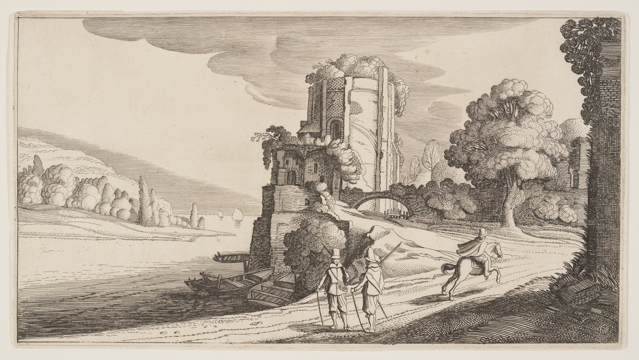 Pyöreä torni joen rannalla, teoksesta Landscapes (Playsante Lantschappen) tekijältä Claes Jansz. Visscher II