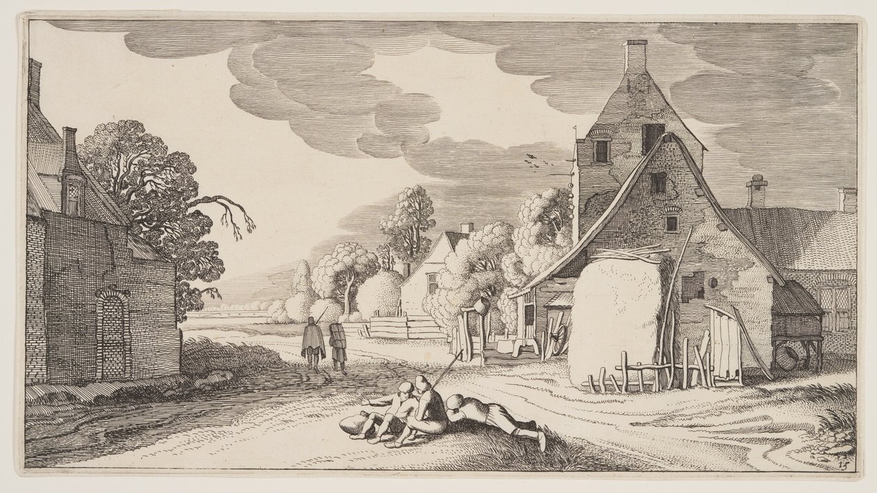 Kolme talonpoikaa lepää kylän risteyksessä, teoksesta Landscapes (Playsante Lantschappen). tekijältä Claes Jansz. Visscher II