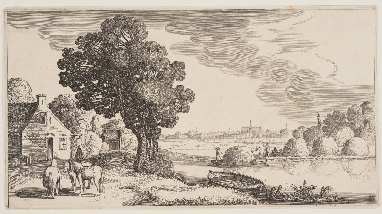 Heinän kuljetus joella, alkaen Landscapes (Playsante Lantschappen) tekijältä Claes Jansz. Visscher II