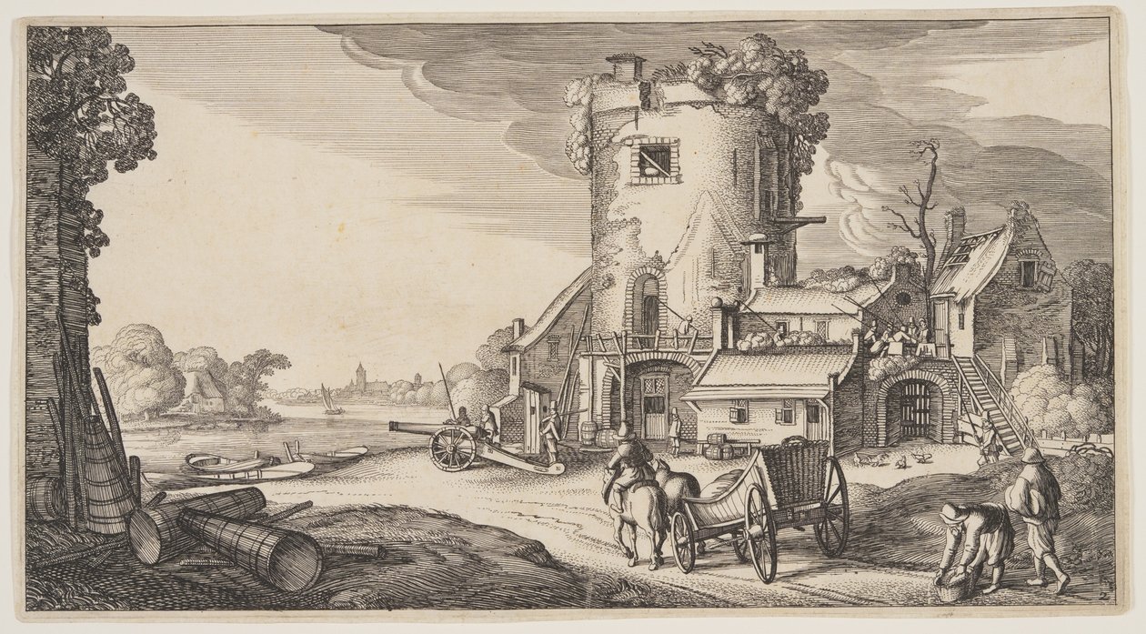 Watch-Tower Near a River, alkaen Landscapes (Playsante Lantschappen) tekijältä Claes Jansz. Visscher II