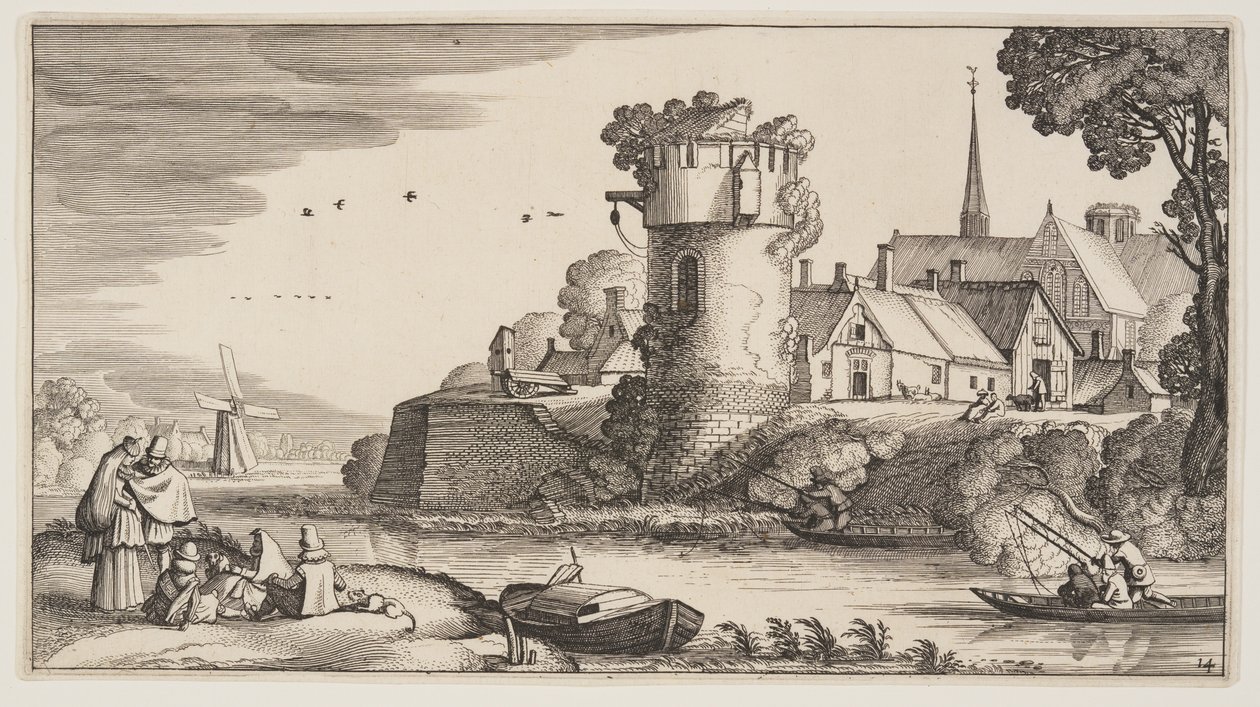 Watch-Tower by a River, teoksesta Landscapes (Playsante Lantschappen) tekijältä Claes Jansz. Visscher II