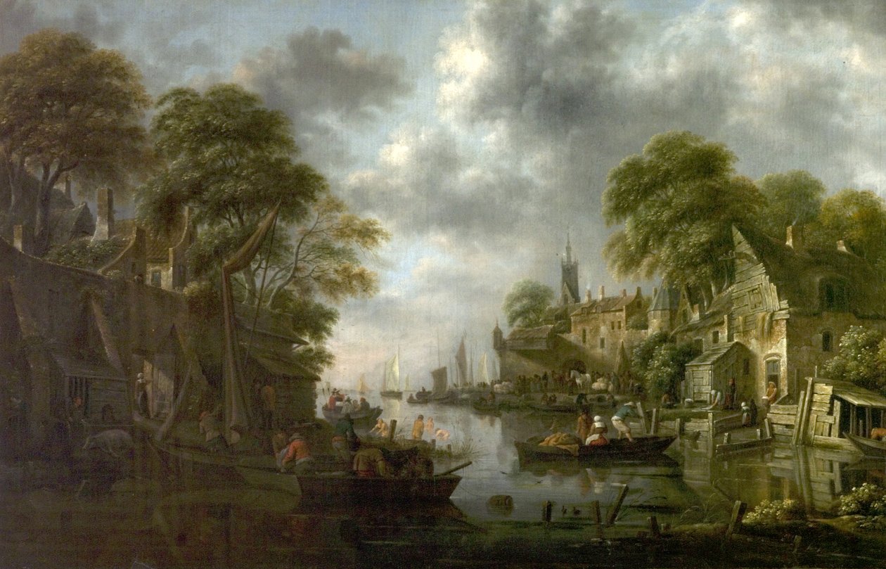 Jokikohtaus veneillä ja hahmoilla, 1665 tekijältä Claes Molenaer