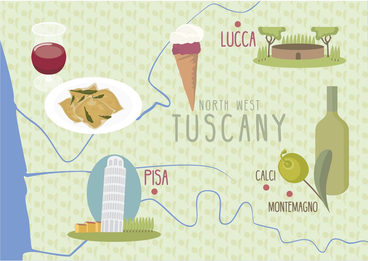 Luccan ja Pisan kartta, Toscana, Italia tekijältä Claire Huntley