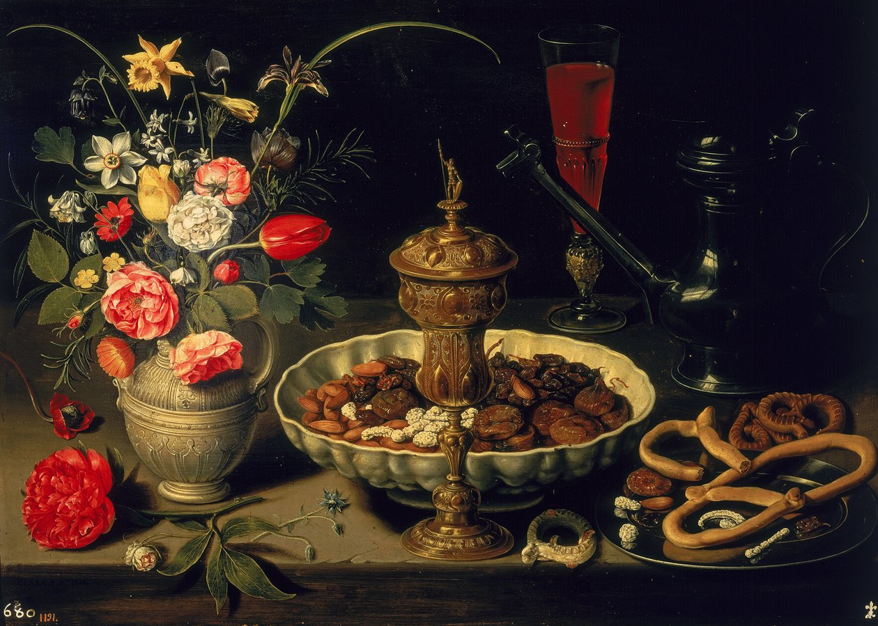 Kukkien ja kuivattujen hedelmien asetelma, 1611 tekijältä Charlotte Evans