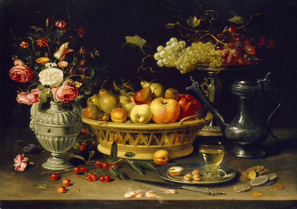 Hedelmien ja kukkien asetelma, 1608 - 1621 (öljy kuparille) tekijältä Charlotte Evans