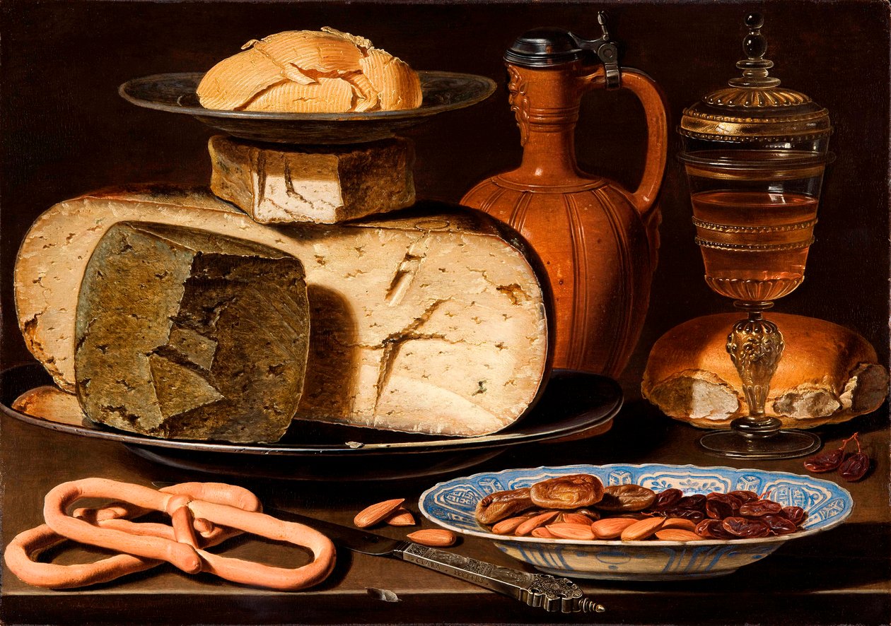 Dutch: Still Life with Cheese, Mandonds and Pretzels Still Life with Cheese, Mandonds and Pretzels (Still Life juustojen, manteleiden ja rinkeleiden kanssa) tekijältä Clara Peeters
