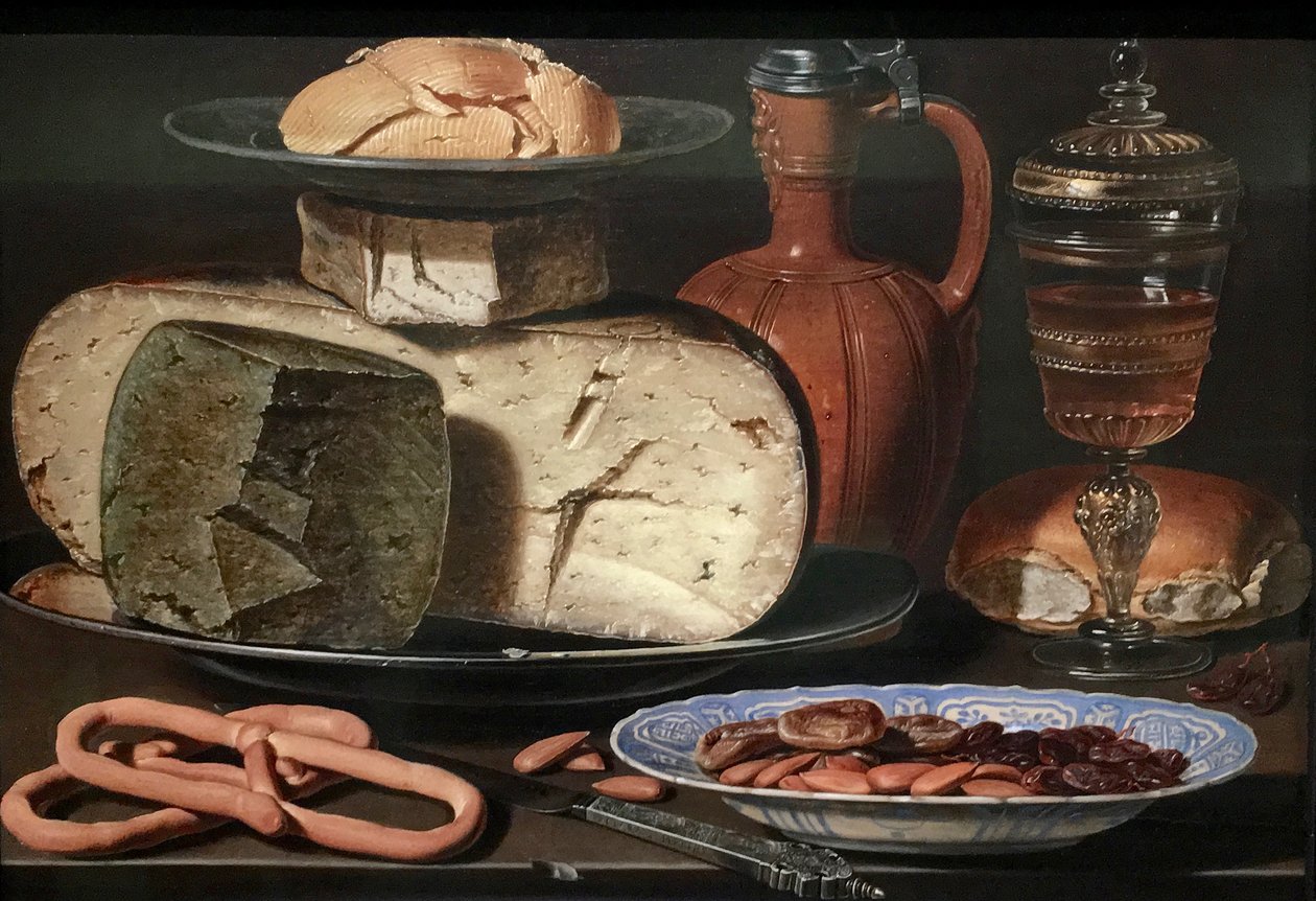 Dutch: Still Life with Cheese, Mandonds and Pretzels Still Life with Cheese, Mandonds and Pretzels (Still Life juustojen, manteleiden ja rinkeleiden kanssa) tekijältä Clara Peeters