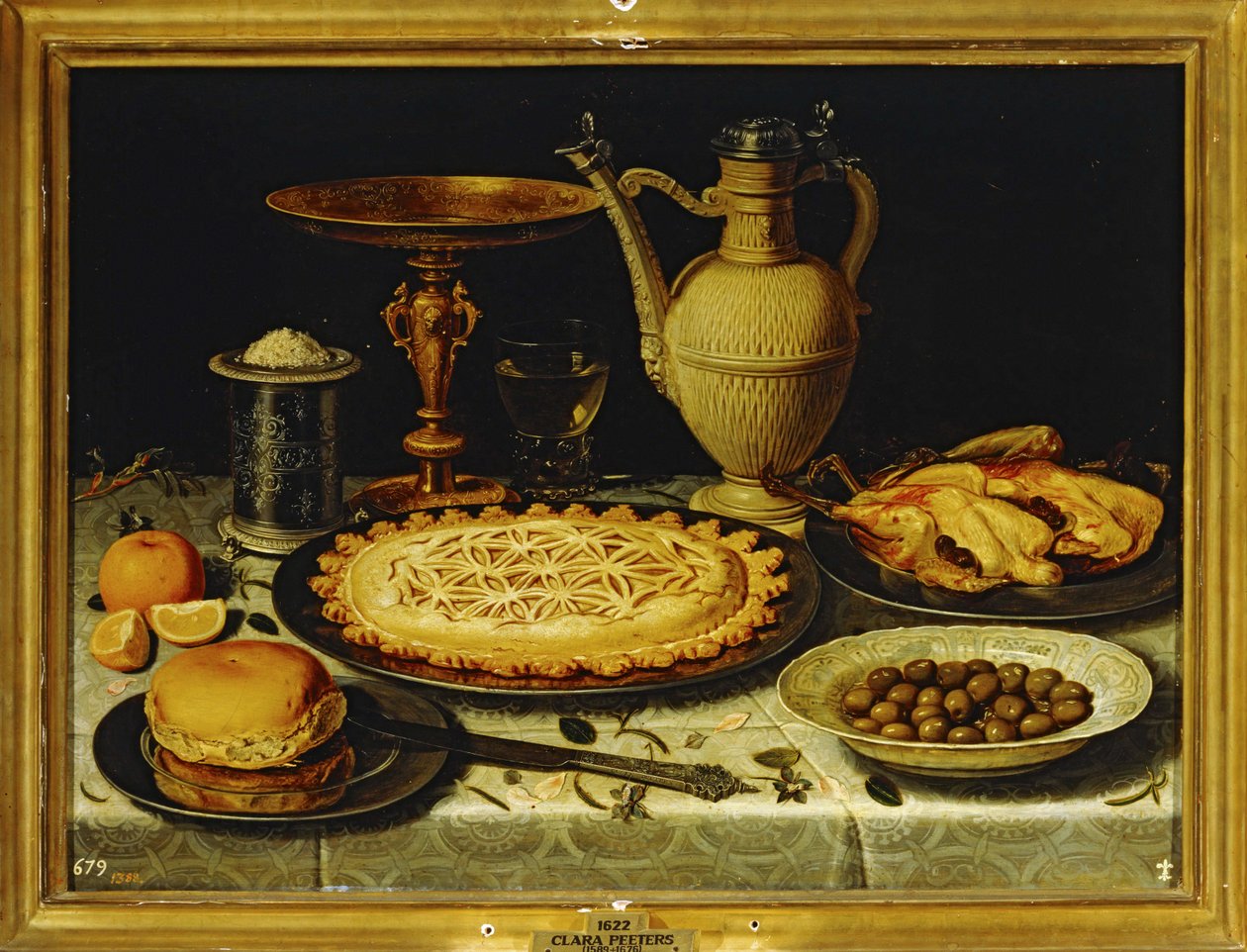Still-life - Ateria, jossa on paistettua kanaa, leipää ja oliiveja ... tekijältä Clara Peeters