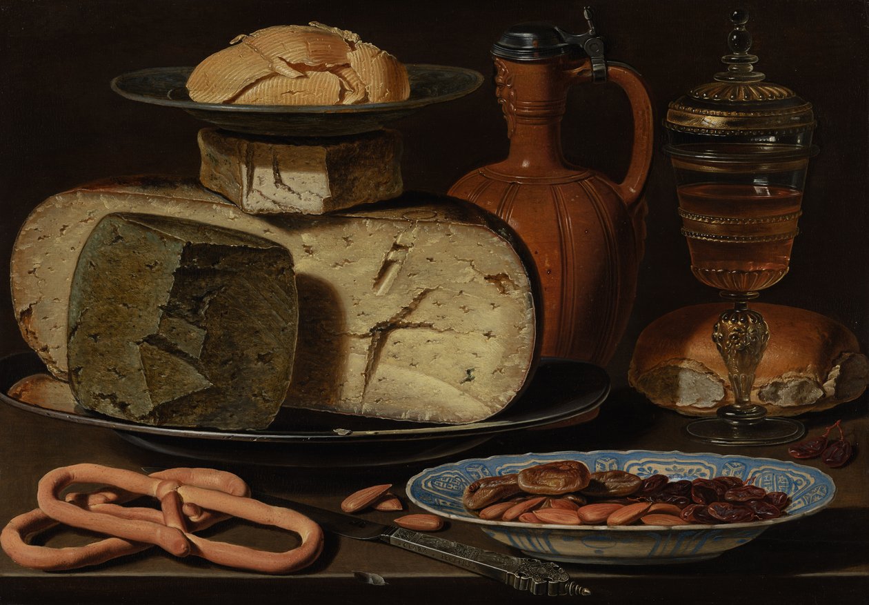Asetelma juustojen, manteleiden ja pretzeleiden kanssa, n. 1615 tekijältä Charlotte Evans