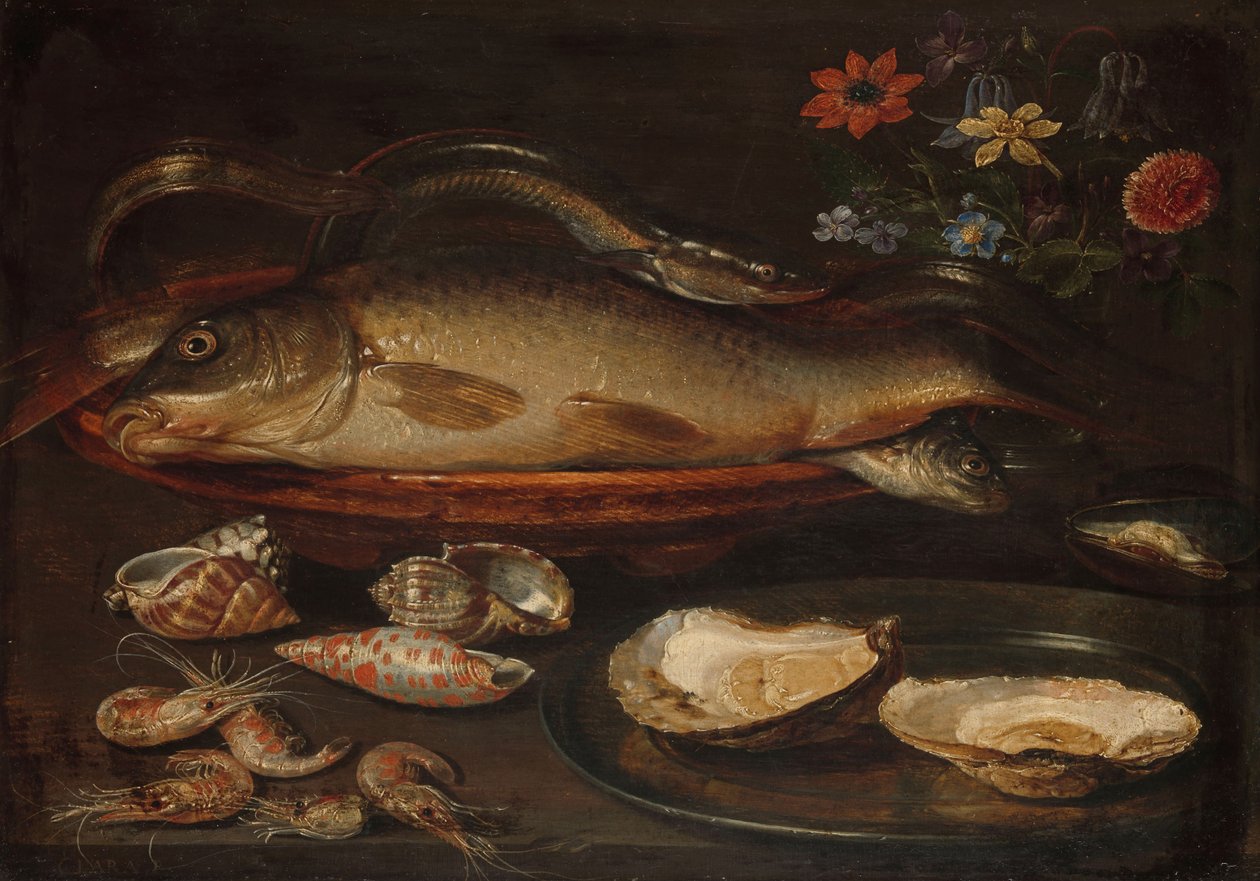 Asetelma kaloilla, ostereilla ja katkarapuilla, n. 1620-50 tekijältä Charlotte Evans