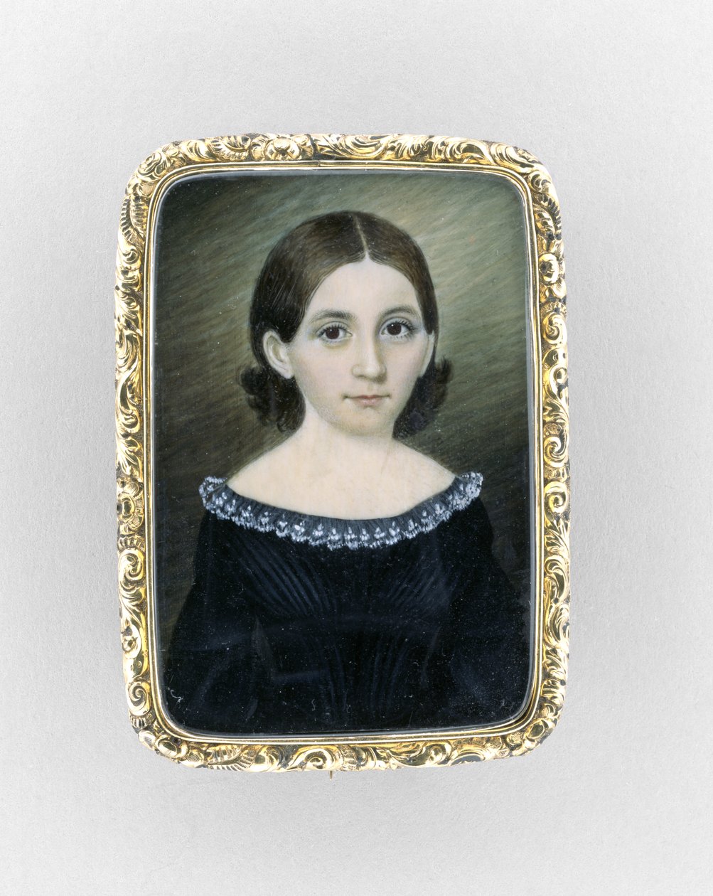 Tytön muotokuva, n. 1845 (akvarelli norsunluulla, kullattu ja lasi) tekijältä Clarissa Peters