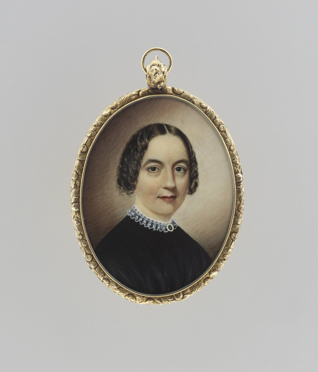 Naisen muotokuva, n. 1845 (akvarelli norsunluun, kullattu ja lasi) tekijältä Clarissa Peters