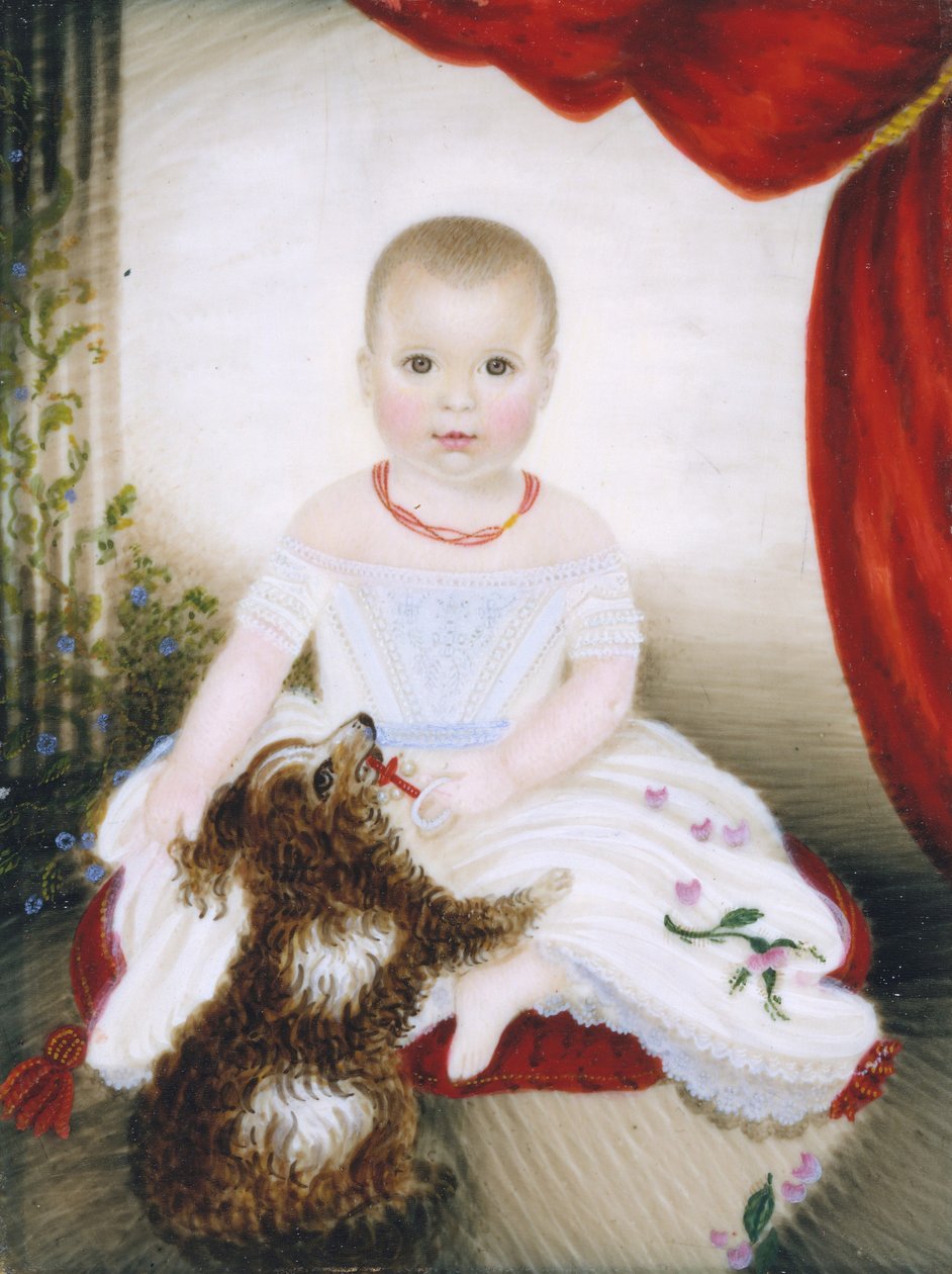 Vauva helistimen ja koiran kanssa, 1842. tekijältä Clarissa Peters