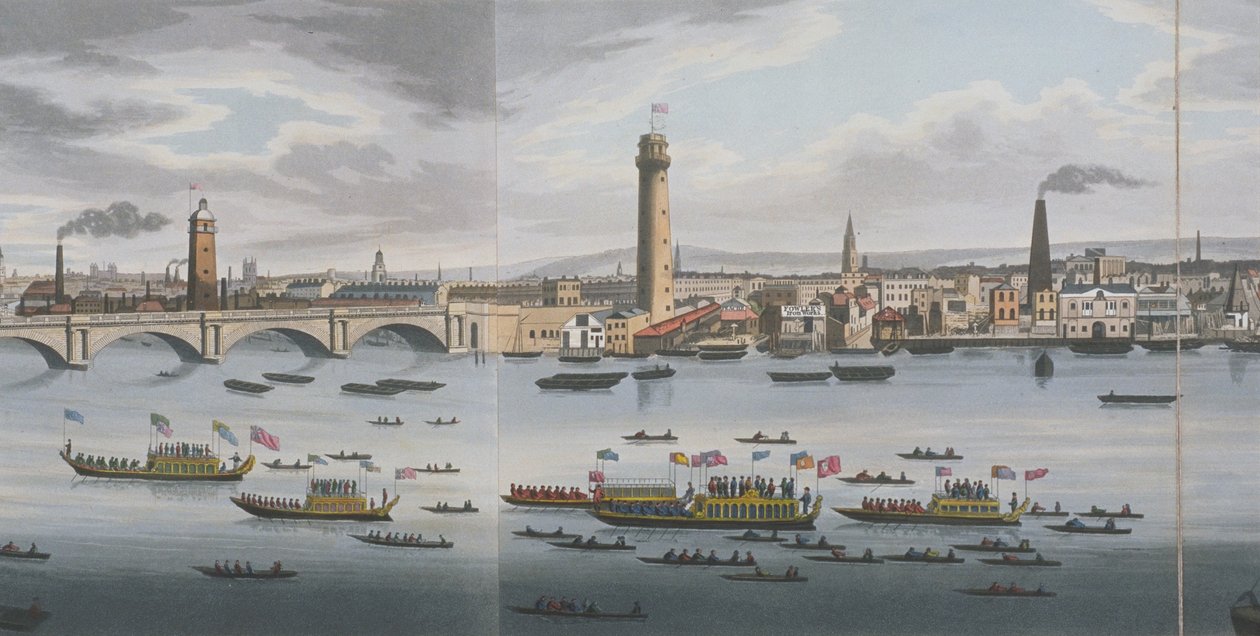 Panoraama Thames-joelle, Adelfista, n. 1829 (akvatinta) tekijältä Clark