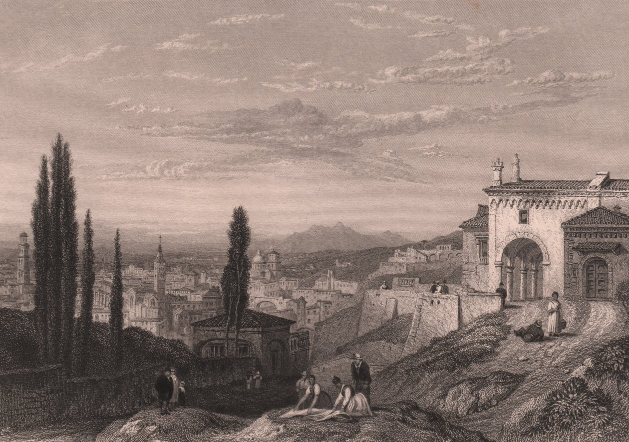 Panoraamanäkymä Veronan kaupunkiin San Zenon kirkosta Montessa, Veneto, Italia, S Fisherin teräskaiverrus Clarkson Stanfieldin (1793-1867) piirtämänä, noin 14x12 cm tekijältä Clarkson Frederick Stanfield
