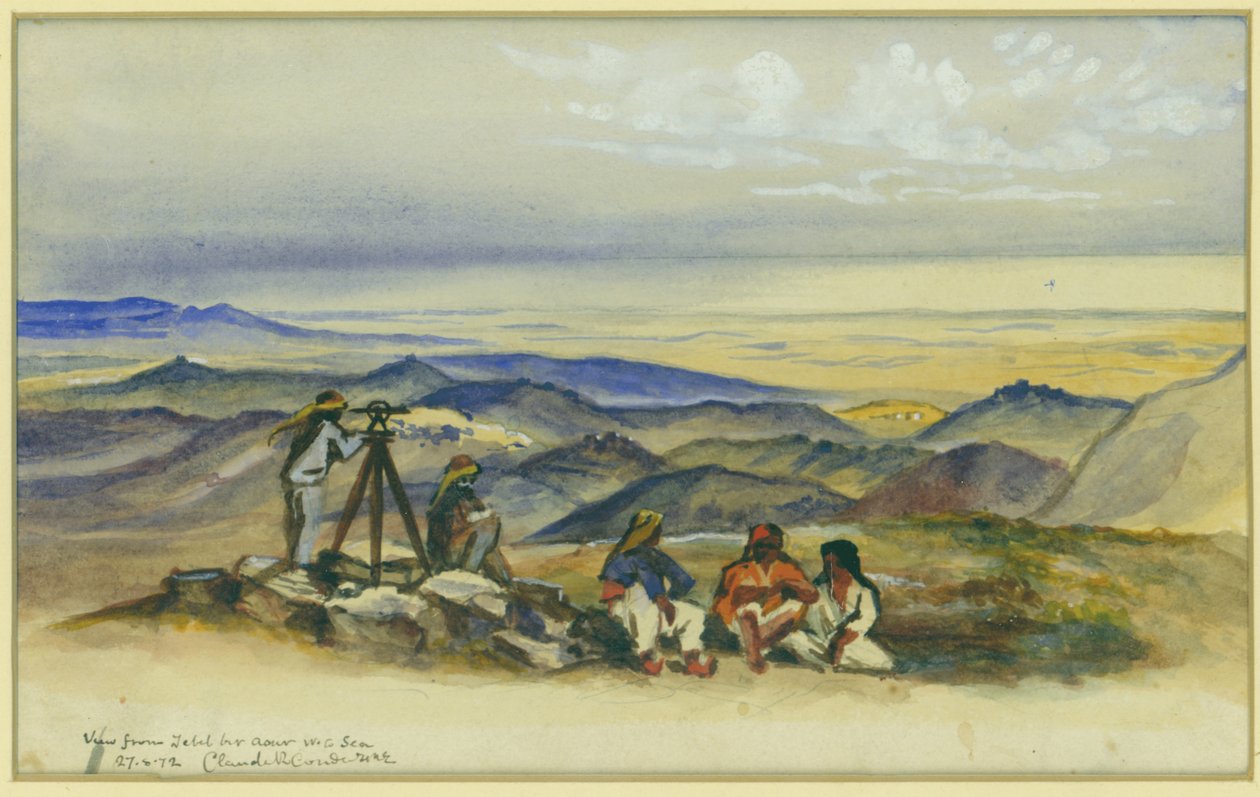Näkymä Jebel Bir Asurista merelle, 1872 (wc ja kynä paperille) tekijältä Claude Conder
