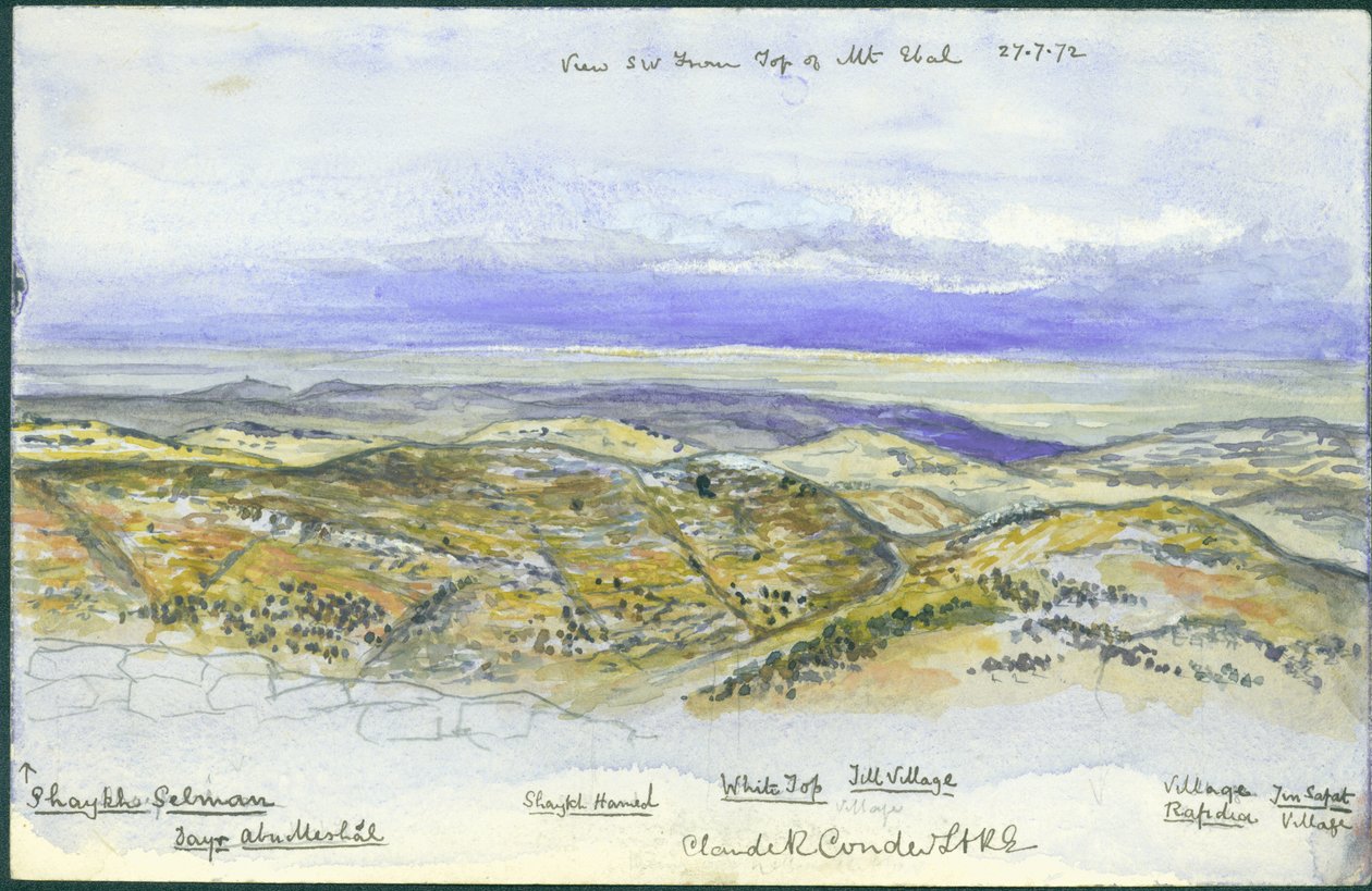 Näkymä lounaasta Ebal-vuoren huipulta, 1872 (wc ja kynä paperille) tekijältä Claude Conder