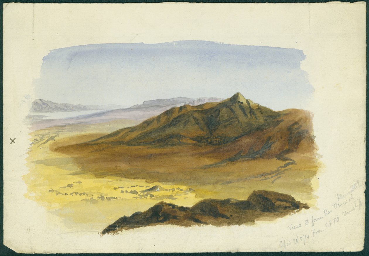 Näkymä Jordanin laaksosta etelään, 1874 (wc ja lyijykynä paperille) tekijältä Claude Conder