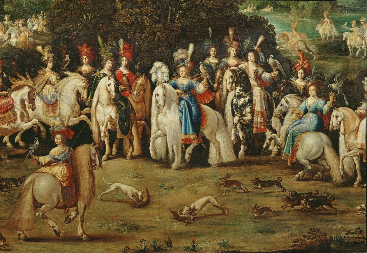 Ilma, yksityiskohta naisten ryhmästä keskellä ja koirista, jotka jahtaavat jäniksiä, n. 1640-41 tekijältä Claude Deruet