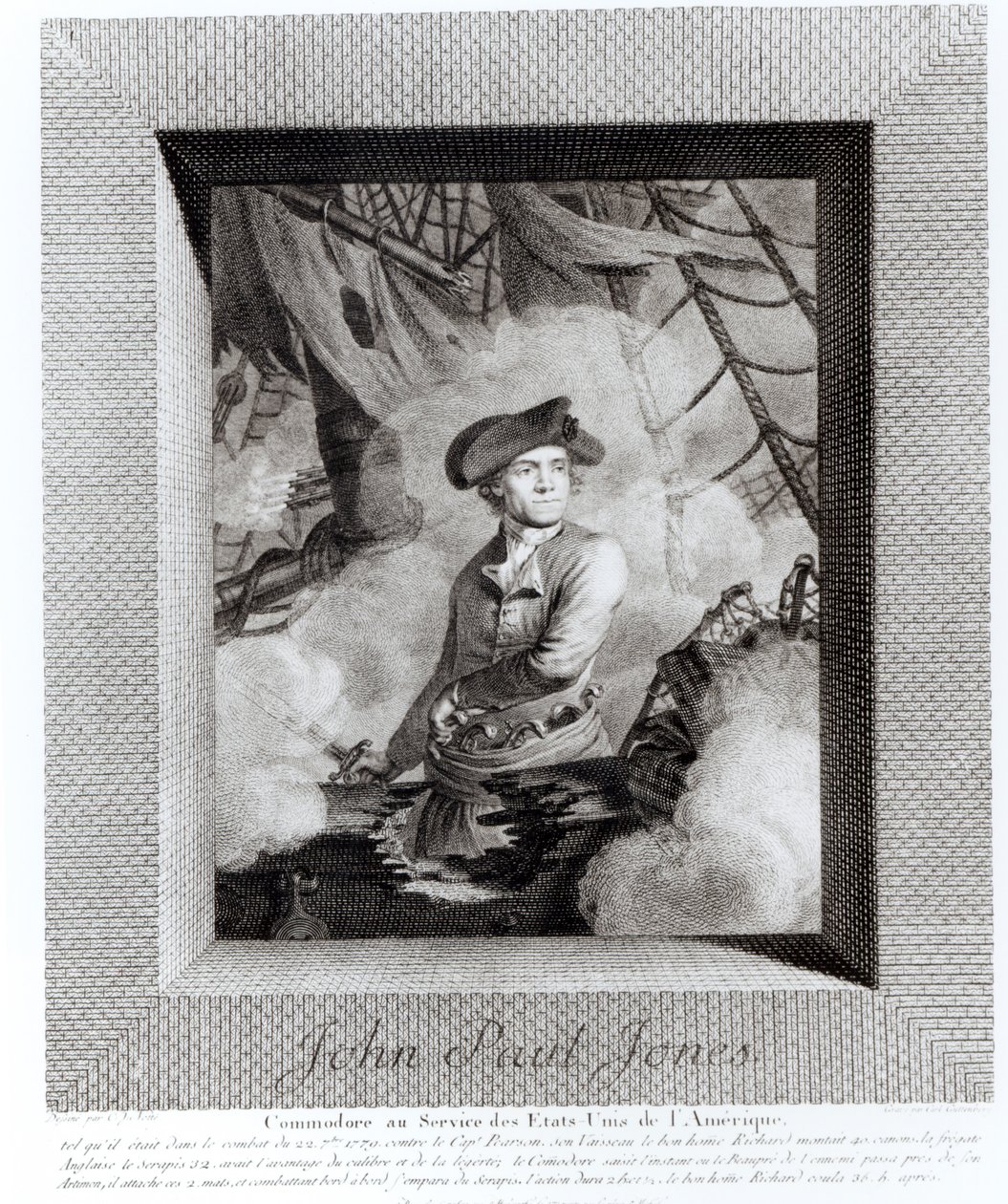 John Paul Jones, kommodori Amerikan yhdysvaltojen palveluksessa, kaiverrus Carl Guttenberg (1743-90) tekijältä Claude Jacques Notte