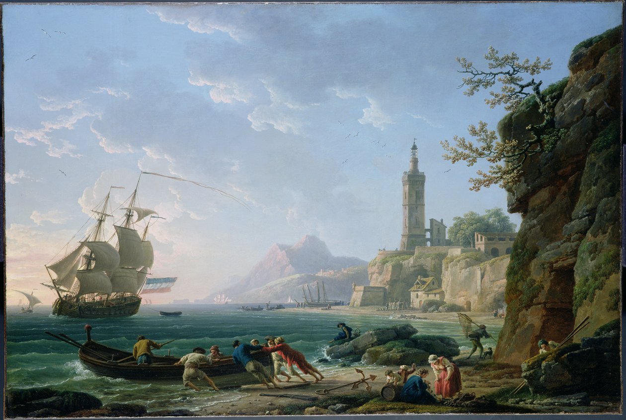 Claude-Joseph Vernet. Välimeren rannikkomaisema. Hollantilainen kauppalaiva lahdella. tekijältä Claude Joseph Vernet