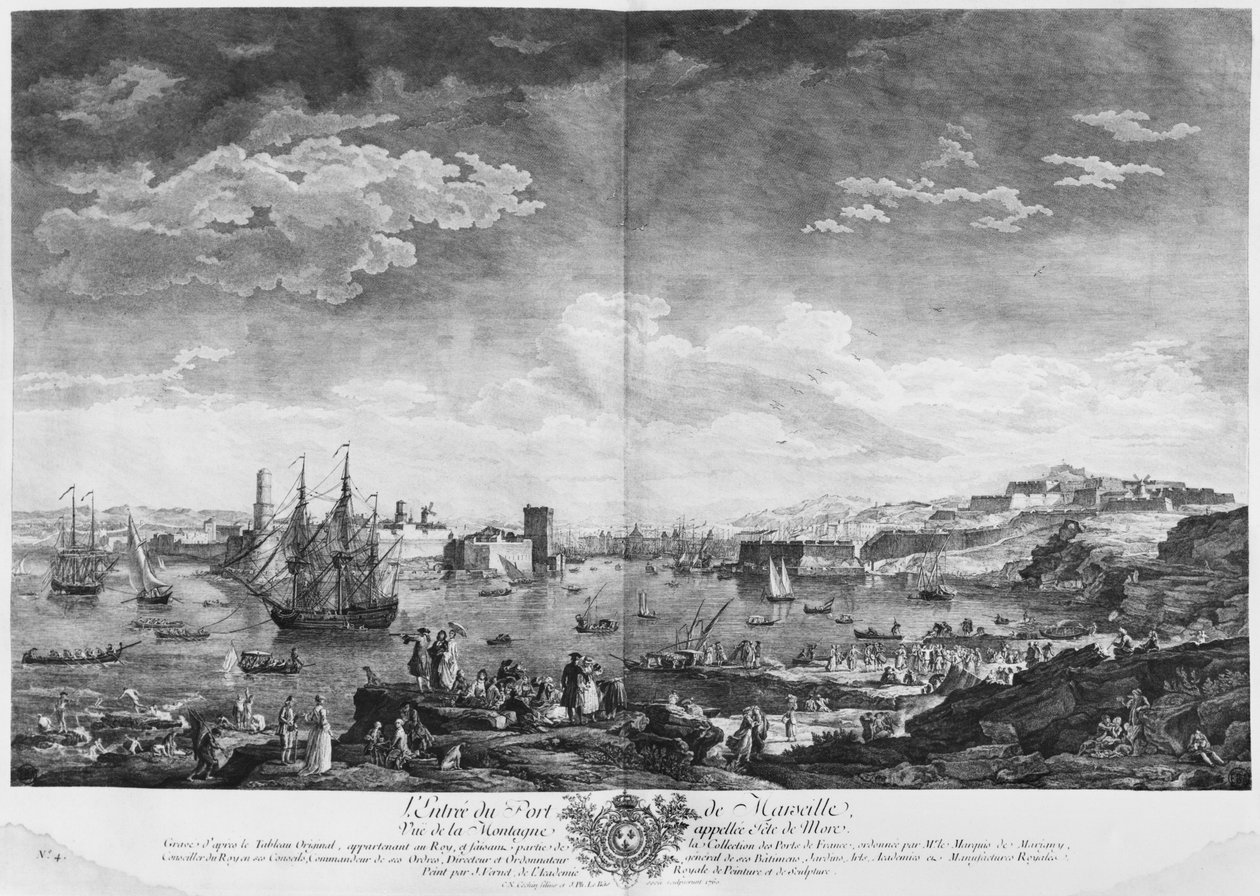 Marseillen sataman sisäänkäynti Tete de More -nimiseltä vuorelta nähtynä, sarja "Les Ports de France", kaiverrettu Charles Nicolas Cochin nuoremman (1715-90) ja Jacques Philippe Le Basin (1700-90) toimesta. tekijältä Claude Joseph Vernet