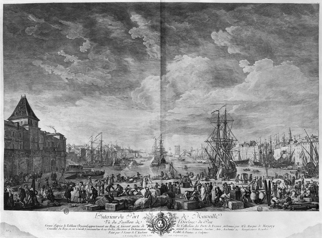 Marseillen sisäsatama nähtynä Horloge du Parcin paviljongista, sarja "Les Ports de France", kaiverrettu Charles Nicolas Cochin nuoremmalla (1715-90) ja Jacques Philippe Le Basilla (1707-83) tekijältä Claude Joseph Vernet