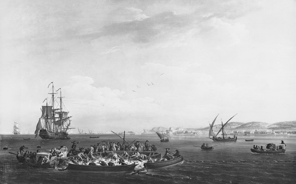 "La Madrague" tai tonnikalan kalastus, näkymä Bandolin lahdelle, 1755 tekijältä Claude Joseph Vernet