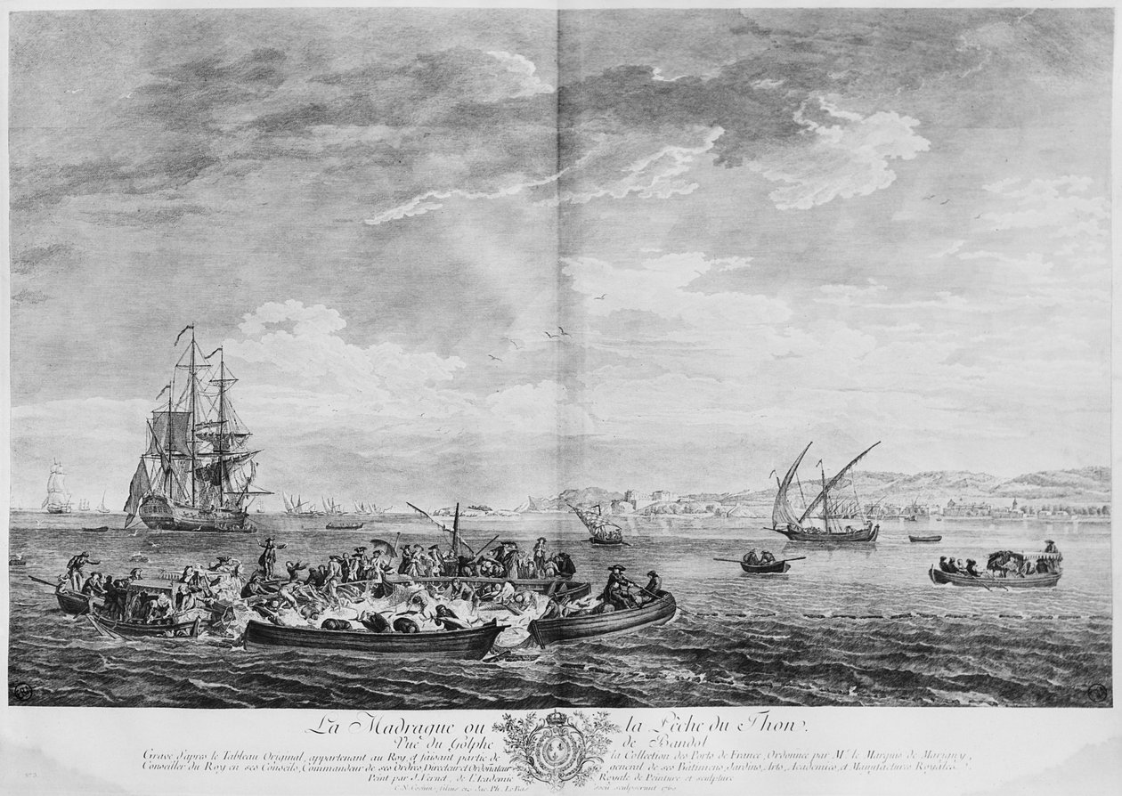 "La Madrague" tai tonnikalan kalastus, näkymä Bandolin lahdelle, sarja "Les Ports de France", kaiverrus Charles Nicolas Cochin nuorempi (1715-90) ja Jacques Philippe Le Bas (1707-83) 1762 (etsaus) tekijältä Claude Joseph Vernet