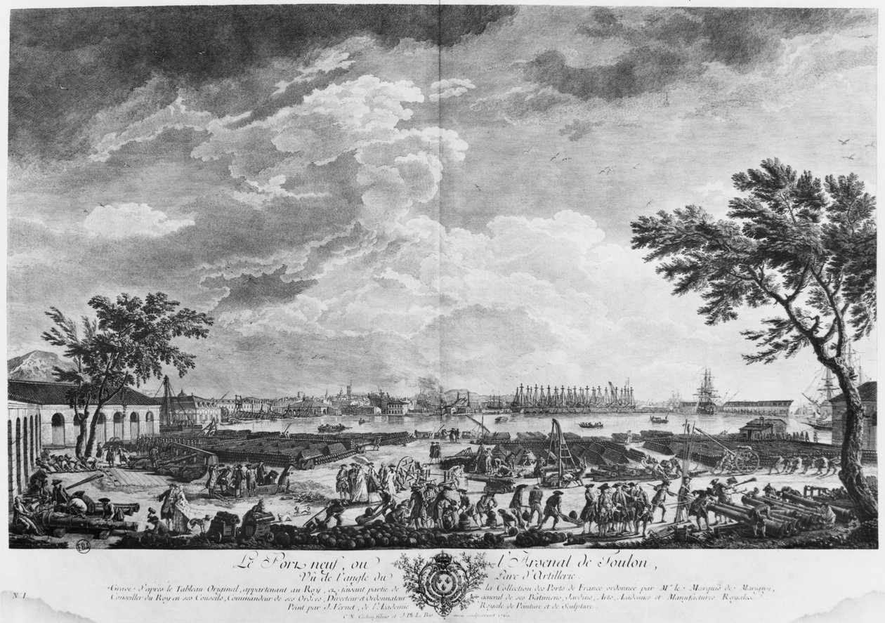 Toulonin uusi satama ja arsenaali tykistövarastosta katsottuna, sarja "Les Ports de France", kaiverrettu Charles Nicolas Cochin nuoremmalla (1715-90) ja Jacques Philippe Le Basilla (1707-83) 1760 (jne. tekijältä Claude Joseph Vernet