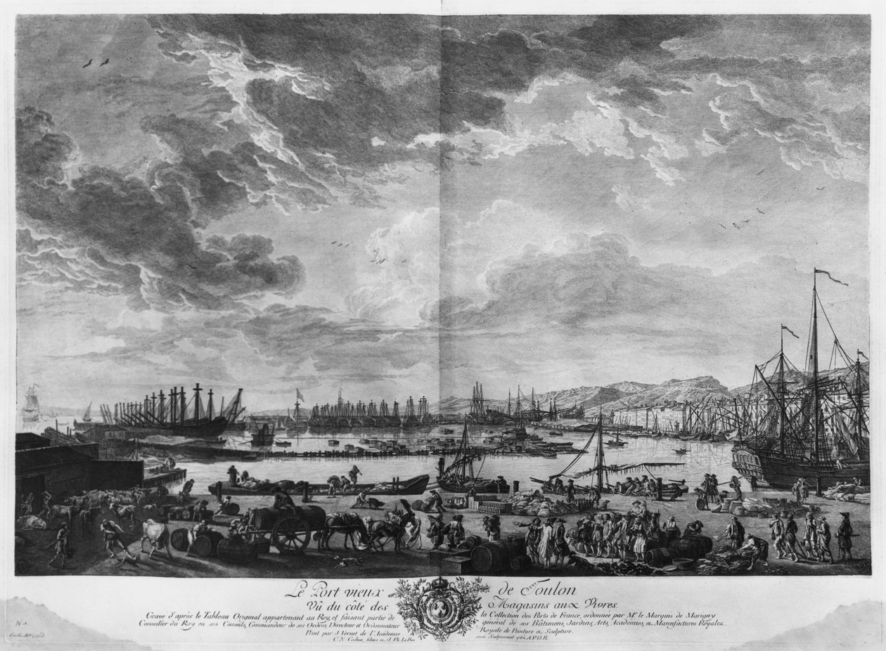 Toulonin vanha satama, katsottuna huoltomestarin liikkeistä, sarja "Les Ports de France", kaiverrettu Charles Nicolas Cochin nuorempi (1715-90) ja Jacques Philippe Le Bas (1707-83) 1762 (katso myös tekijältä Claude Joseph Vernet