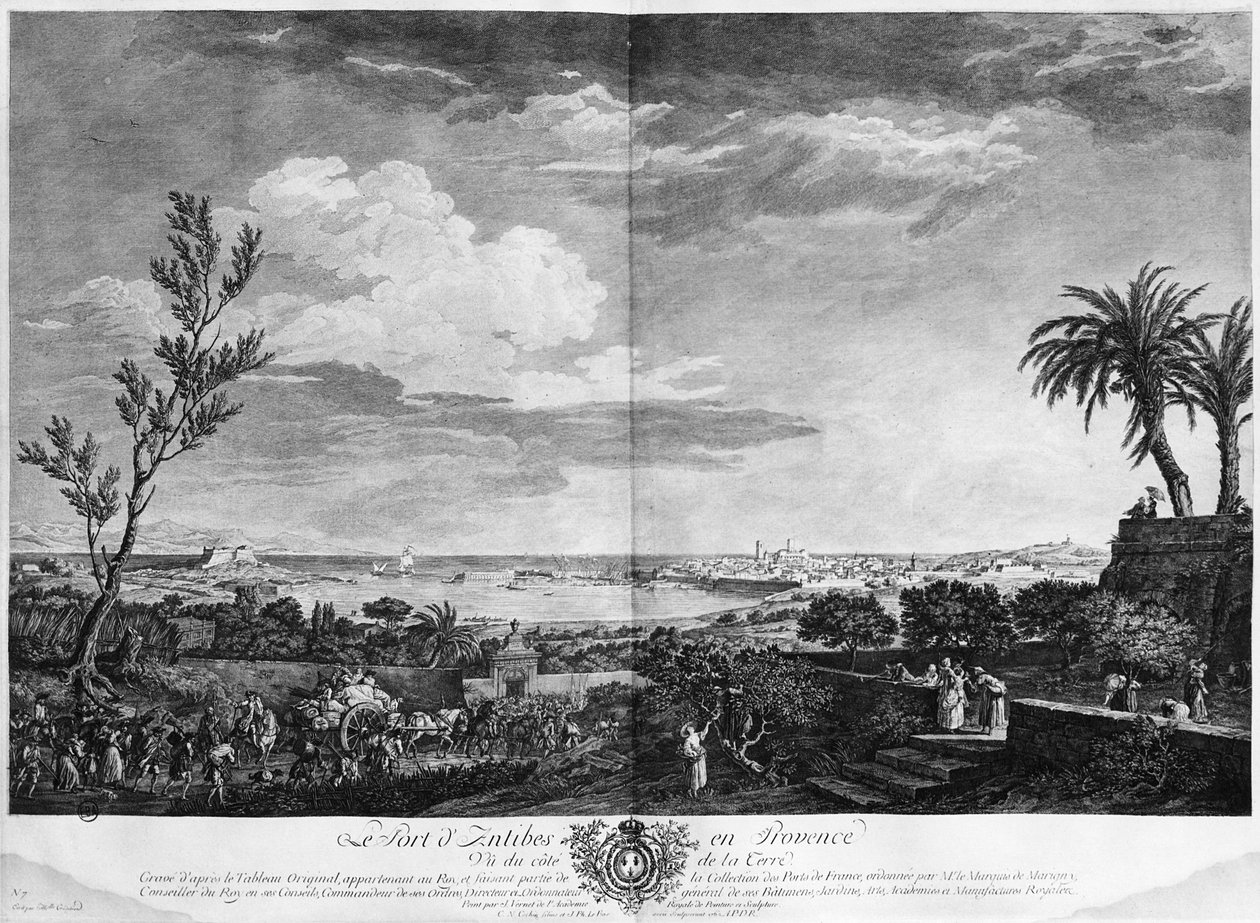 Antibesin satama Provencessa, sarja "Les Ports de France", kaiverrettu Charles Nicolas Cochin nuorempi (1715-90) ja Jacques Philippe Le Bas (1707-83) 1762 (etching ja burin) tekijältä Claude Joseph Vernet