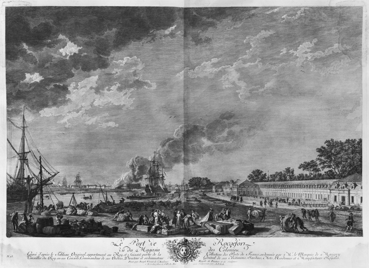 Rochefortin satama siirtokuntien varastosta katsottuna, sarja "Les Ports de France", kaiverrettu Charles Nicolas Cochin nuoremman (1715-90) ja Jacques Philippe Le Basin (1707-83) toimesta 1767 (etsaus ja pursotuskynä). tekijältä Claude Joseph Vernet