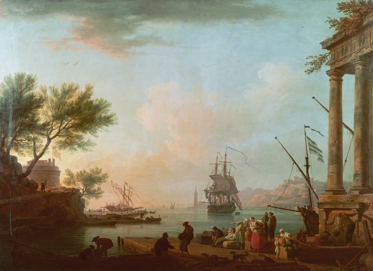 Merisatama, auringonnousu, 1757 tekijältä Claude Joseph Vernet