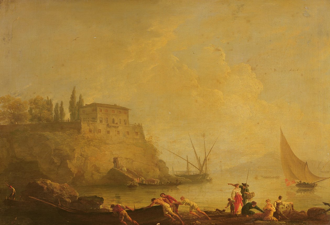 Merimaisema, auringonlasku: kalastajat työntävät venettä ulospäin tekijältä Claude Joseph Vernet