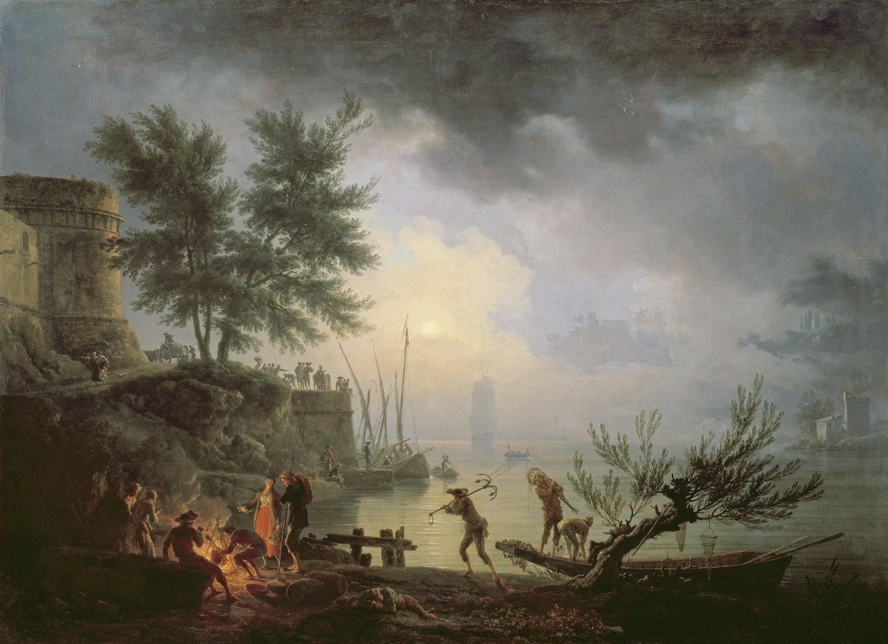 Auringonnousu, rannikkomaisema tulen ympärillä olevilla hahmoilla, 1760 tekijältä Claude Joseph Vernet