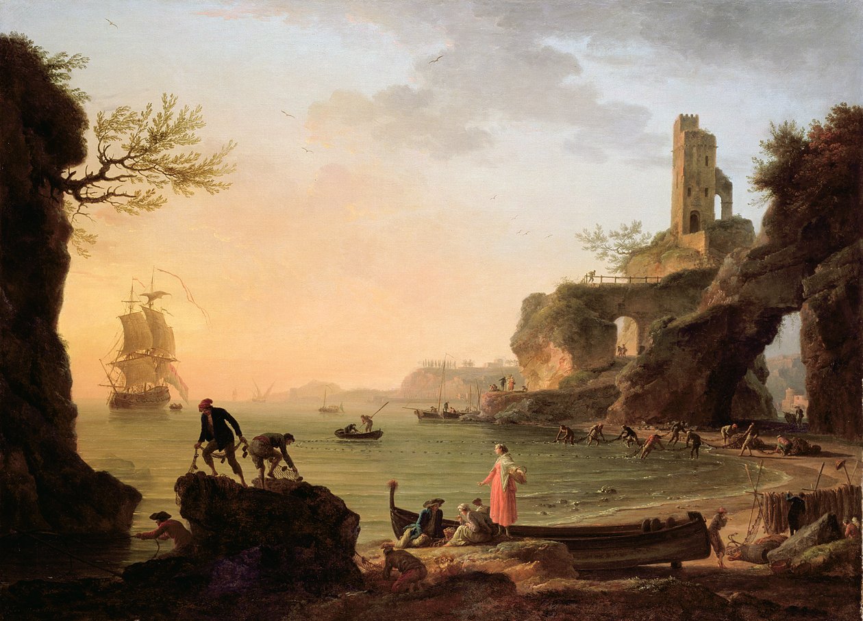 Auringonlasku, Kalastajat vetämässä verkkojaan, 1760 tekijältä Claude Joseph Vernet