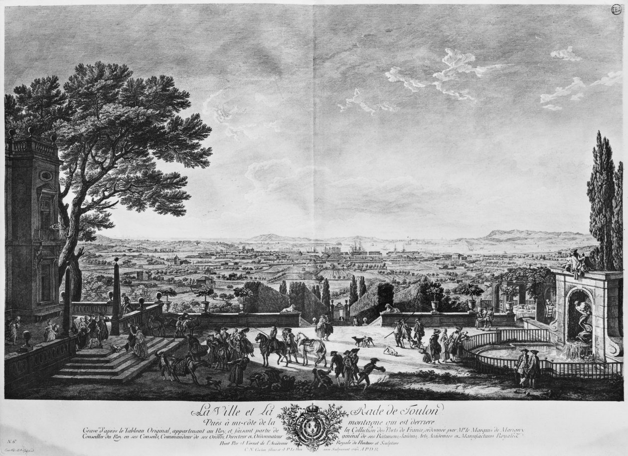 Toulonin kaupunki ja satama nähtynä vuoren puolivälistä takaapäin, sarja "Les Ports de France", kaiverrettu Charles Nicolas Cochin nuorempi (1715-90) ja Jacques Philippe Le Bas (1707-83) 176 tekijältä Claude Joseph Vernet