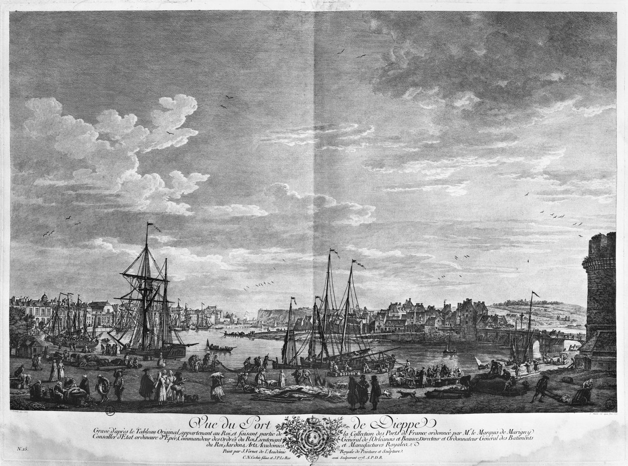 Näkymä Dieppen satamaan, sarja "Les Ports de France", kaiverrettu Charles Nicolas Cochin nuoremmalla (1715-90) ja Jacques Philippe Le Basilla (1707-83) 1762 (etching und burin) tekijältä Claude Joseph Vernet