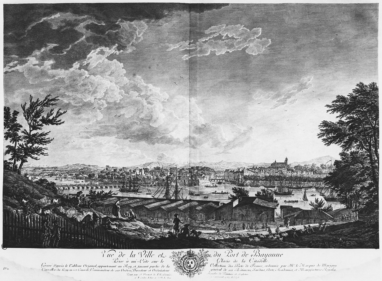 Näkymä Bayonnen kaupunkiin ja satamaan nähtynä linnoituksen puolivälistä, sarja "Les Ports de France", kaiverrettu Charles Nicolas Cochin nuoremmalla (1715-90) ja Jacques Philippe Le Basilla (1707-83) tekijältä Claude Joseph Vernet