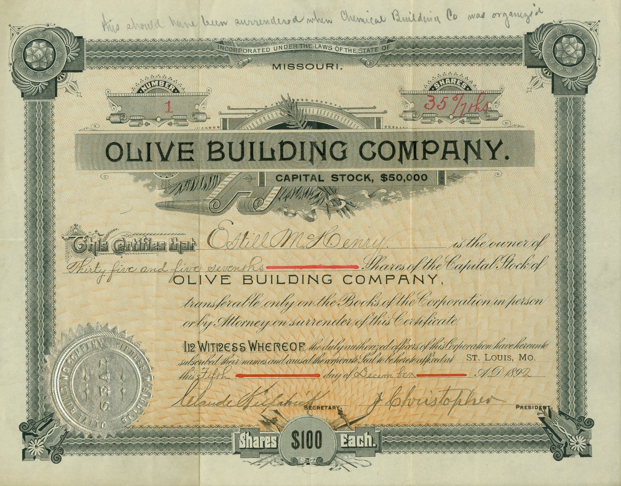 Olive Street Building Companyn osaketodistus, myönnetty Estill M.Henrylle, 5. joulukuuta 1892 tekijältä Claude Kirkpatrick