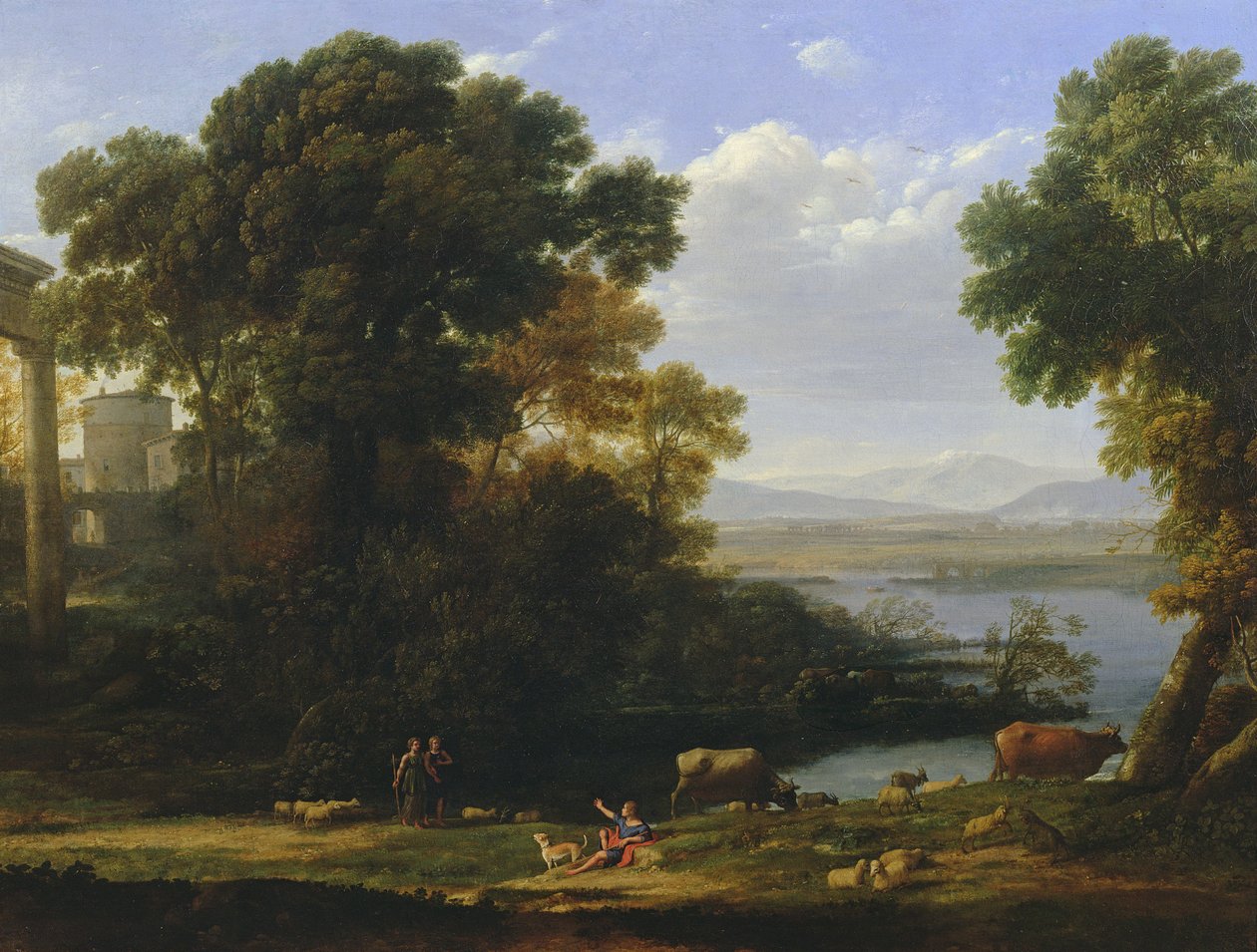 Klassinen jokimaisema näköalalla kaupunkiin tekijältä Claude Lorrain