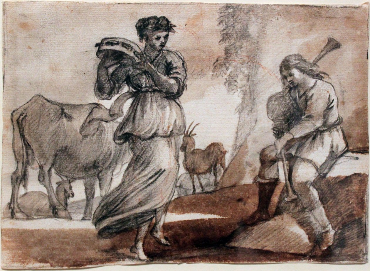 Tanssija tamburiinin ja säkkipillin kanssa tekijältä Claude Lorrain